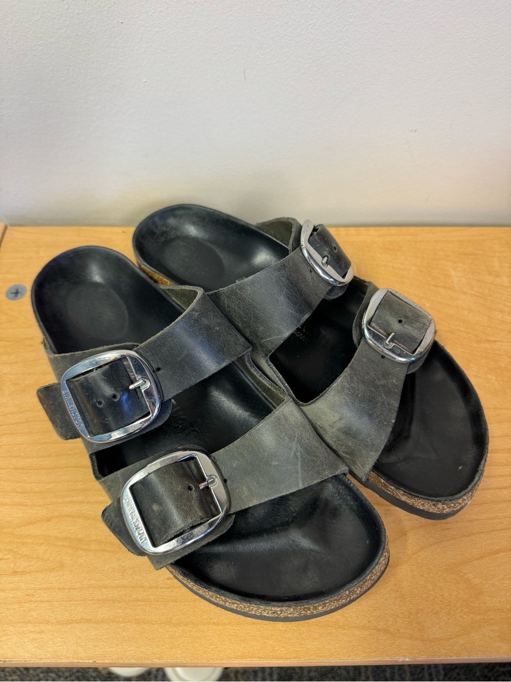 Birkenstock Size 40 Leather Sole Dark Grey Silver Buckles